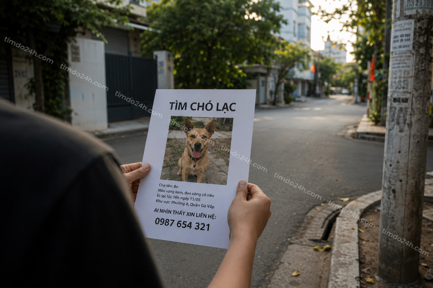 Hình ảnh minh hoạ tay cầm tờ rơi thông báo tìm chó mèo bị lạc ngoài đường