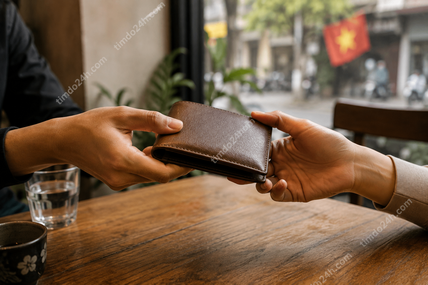 Minh hoạ hai người trao lại một chiếc ví bị đánh rơi tại quán cà phê