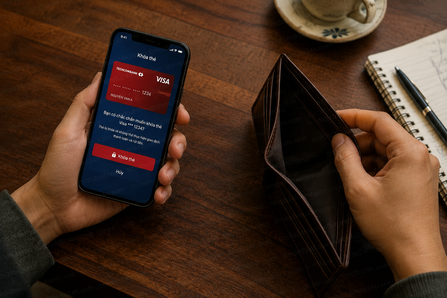 Màn hình app ngân hàng khóa thẻ ATM bên cạnh ví rỗng