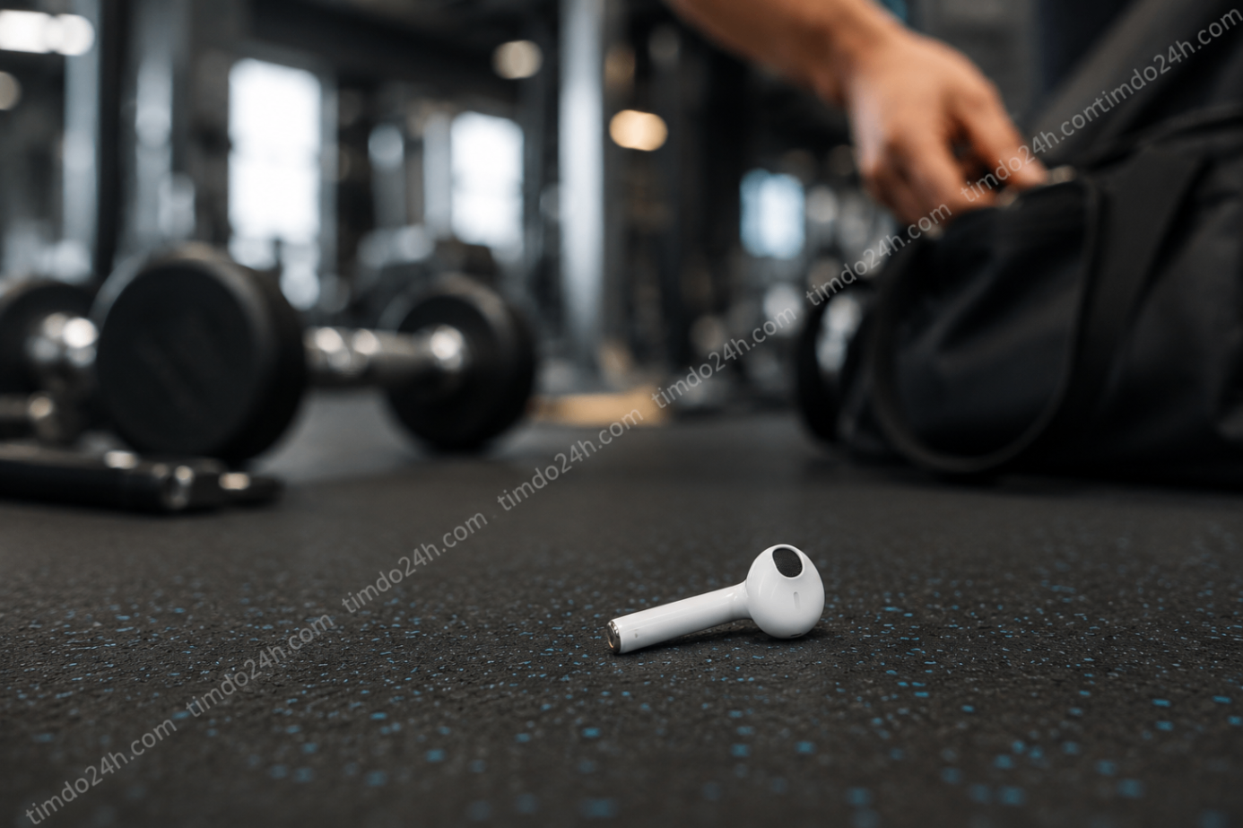 Minh hoạ một chiếc tai nghe AirPods rơi trên sàn phòng gym