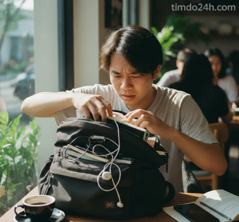 Nguoi dung lo lang tim kiem CCCD va giay to tuy than bi mat trong tui xach tai quan ca phe