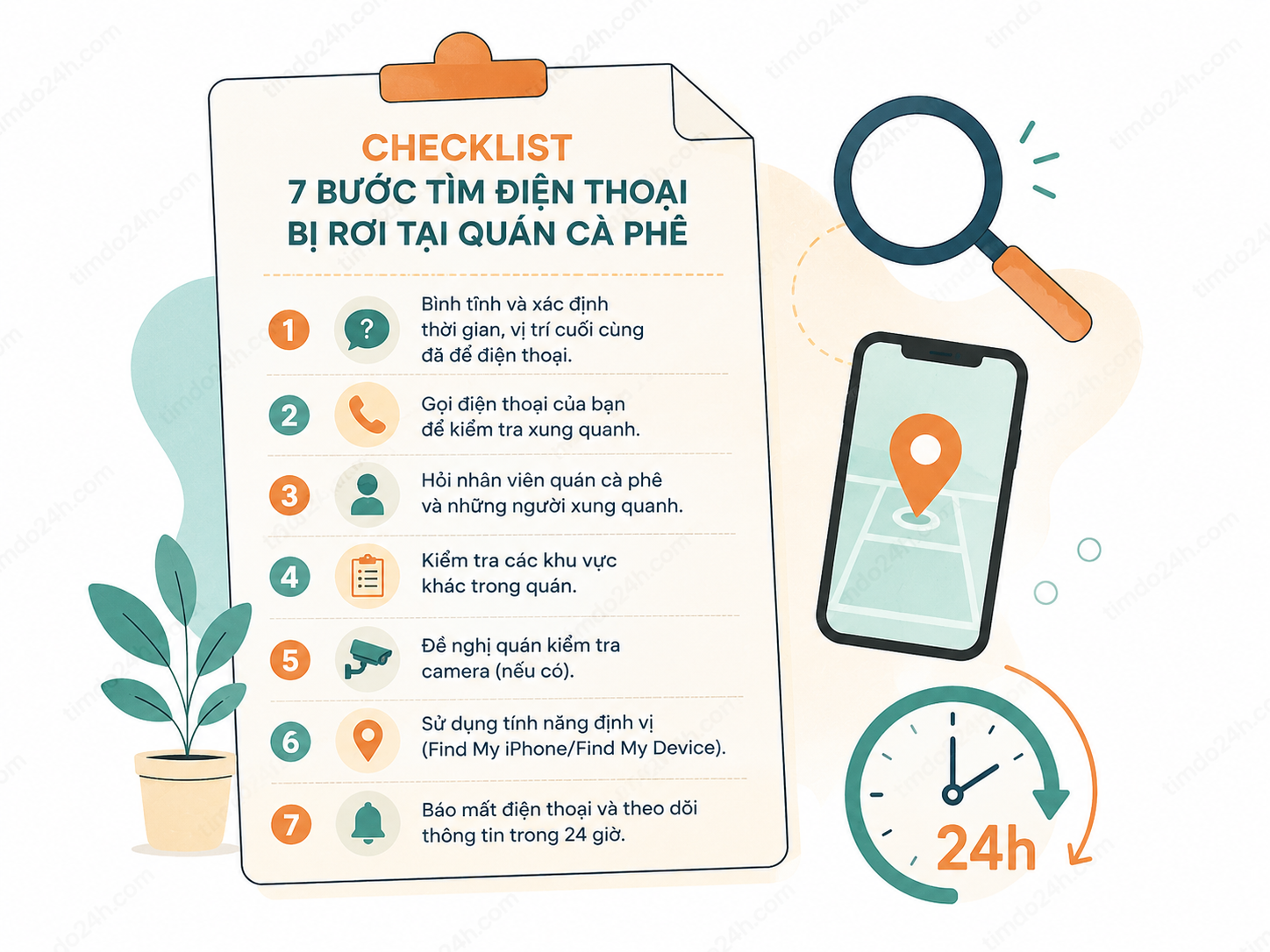 Sơ đồ checklist 7 bước tìm điện thoại bị rơi tại quán cà phê trong 24 giờ